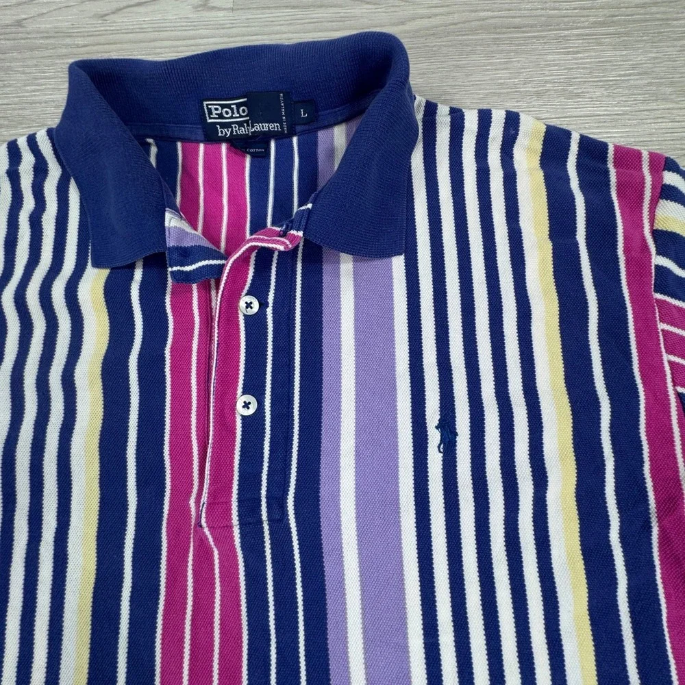 Polo Ralph Lauren Mens Polo Shirt Large Vertical Stripe Blue Pink Cotton Large